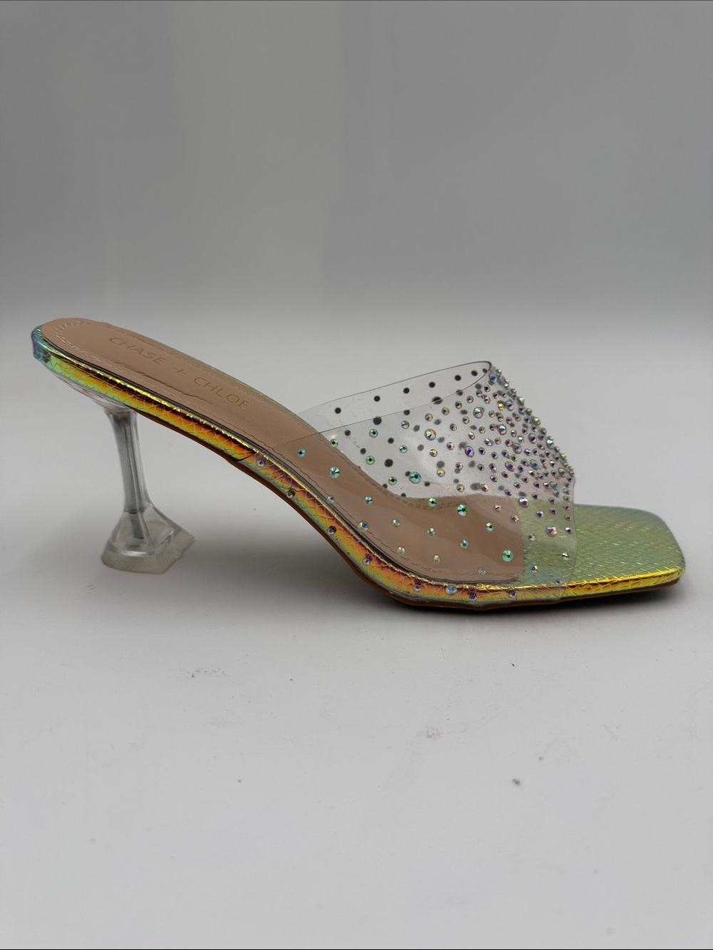 Chase + Chloe Iridescent Crystal-Embellished Clear Mule